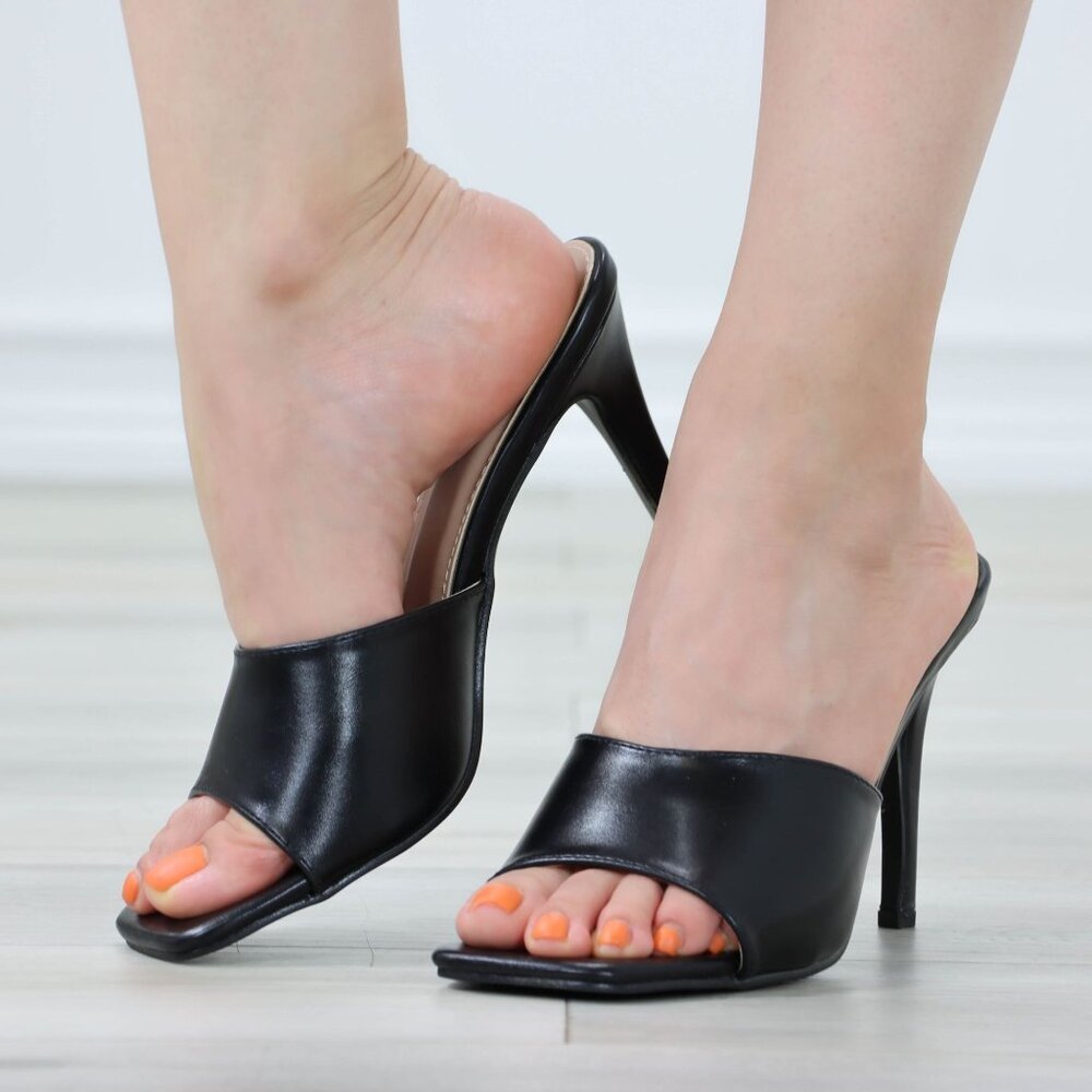 Black High Heel Sandals Square Open Toe Slip On Mules Stiletto's - Picture 3 of 11